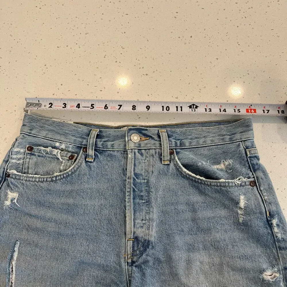 Agolde Parker Long Light Blue Distressed Denim Shorts in Swapmeet 27